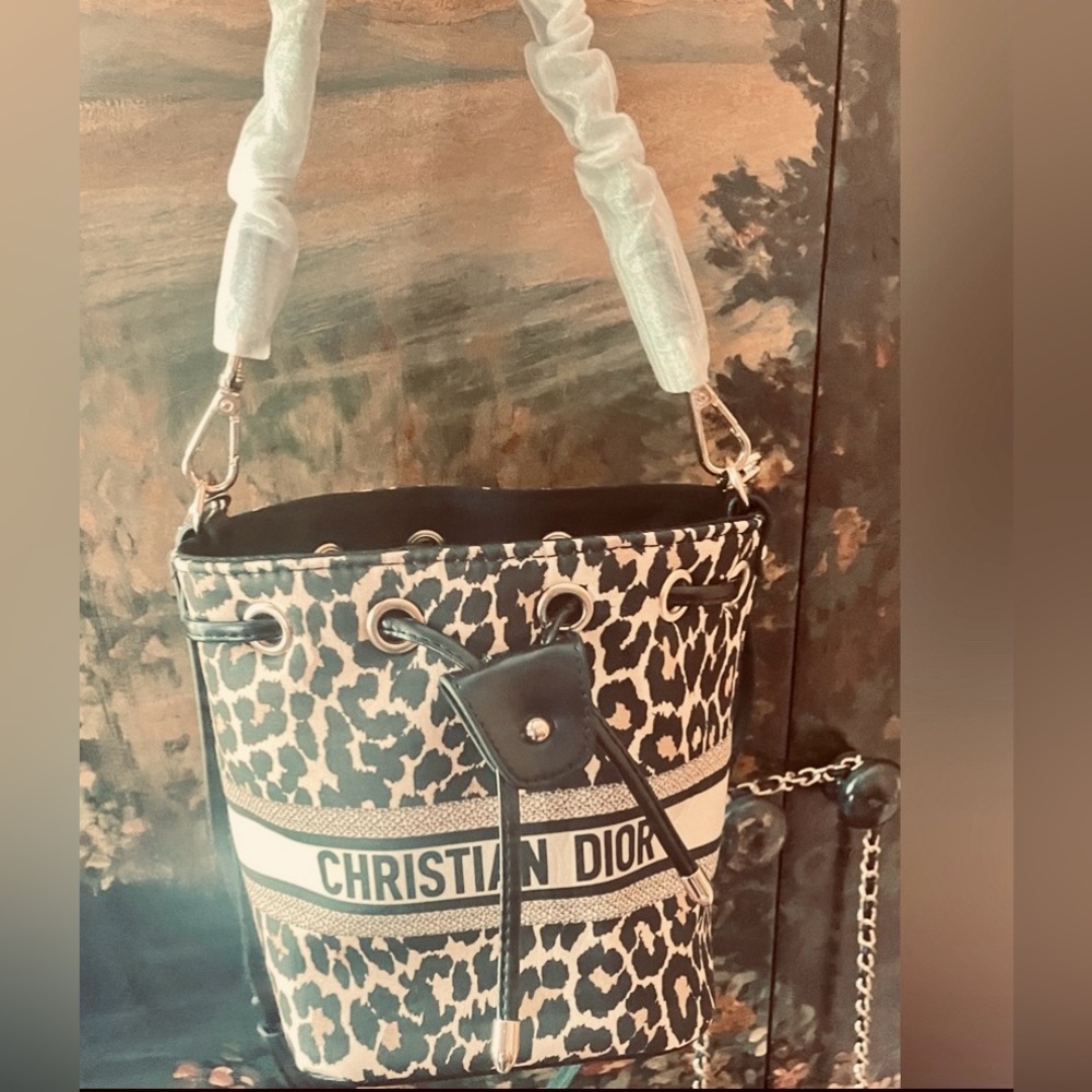 Dior Leopard Print Bucket Bag in Black and Cream